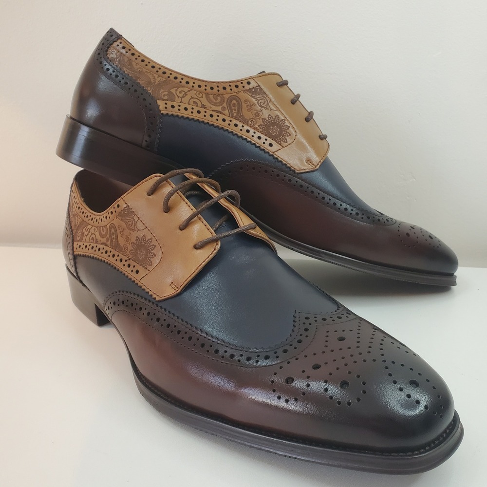 Mens Tri-Color Leathet Wingtip Oxford Dress Shoes Paisley Brogue Navy Tan 13.5